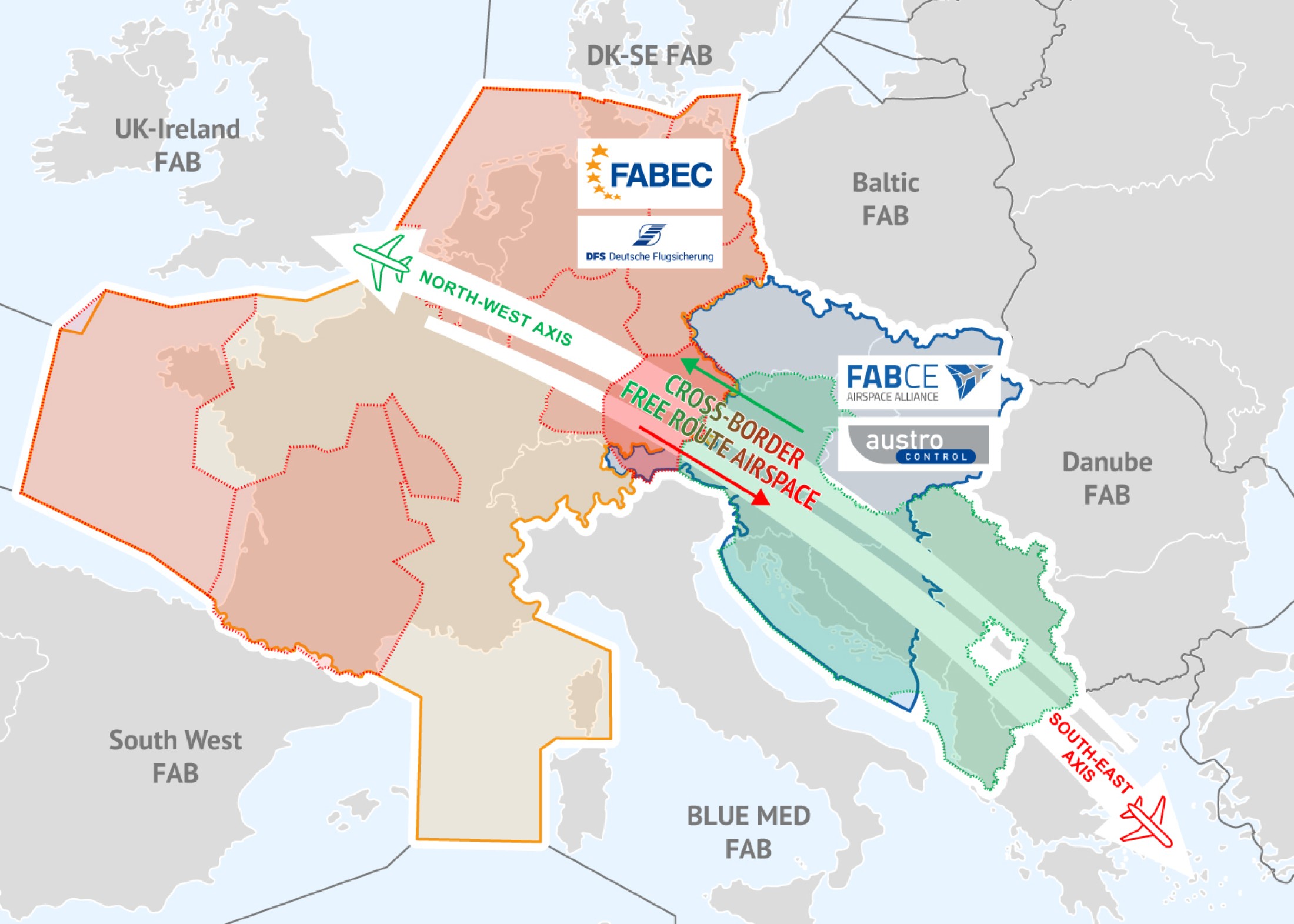 : Karte Luftraum FABEC und FABCE Free Route Darstellung 